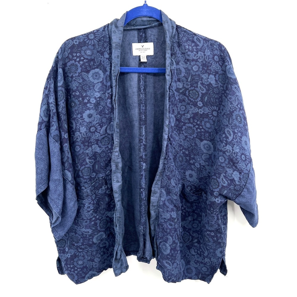 American Eagle linen blend floral kimono style boxy jacket top lagenlook blue OS